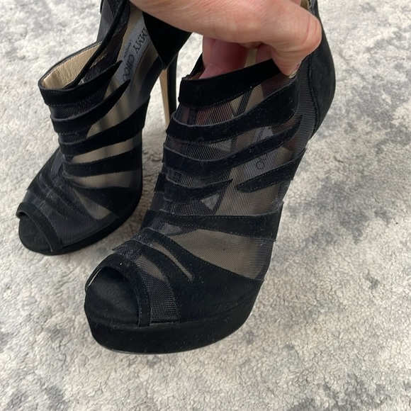 Jimmy Choo Kerfield Black Suede Mesh Platform Booties Peeptoe Sexy Sz 37.5 - Picture 14 of 16